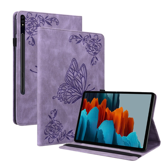 For Samsung Galaxy Tab S9 Butterfly Flower Embossed Leather Tablet Case(Purple) - Galaxy Tab S9 Cases by buy2fix | Online Shopping UK | buy2fix