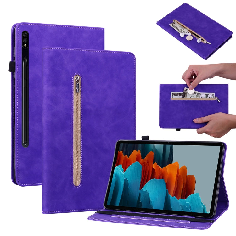 For Samsung Galaxy Tab S9 Skin Feel Solid Color Zipper Leather Tablet Case(Purple) - Galaxy Tab S9 Cases by buy2fix | Online Shopping UK | buy2fix