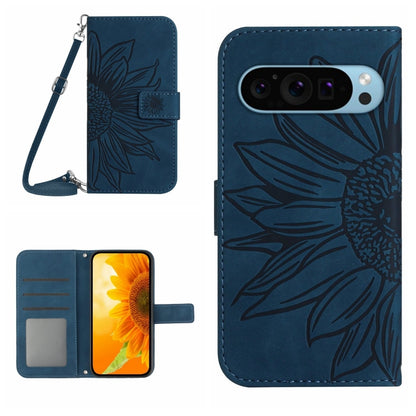 For Google Pixel 9 Pro Skin Feel Sun Flower Embossed Flip Leather Phone Case with Lanyard(Inky Blue) - Google Cases by buy2fix | Online Shopping UK | buy2fix