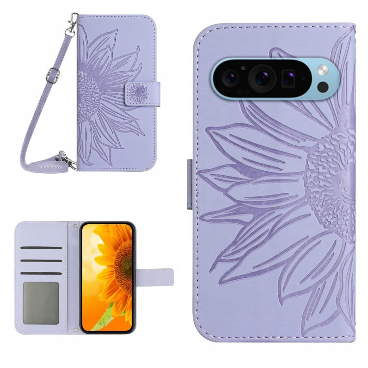 For Google Pixel 9 Skin Feel Sun Flower Embossed Flip Leather Phone Case with Lanyard(Purple) - Google Cases by buy2fix | Online Shopping UK | buy2fix