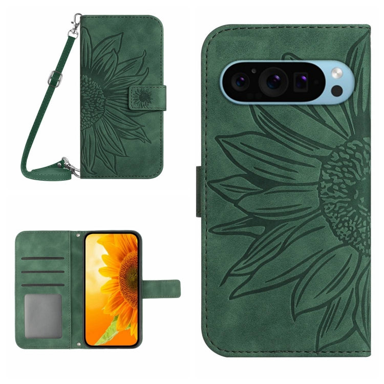 For Google Pixel 9 Pro XL Skin Feel Sun Flower Embossed Flip Leather Phone Case with Lanyard(Green) - Google Cases by buy2fix | Online Shopping UK | buy2fix