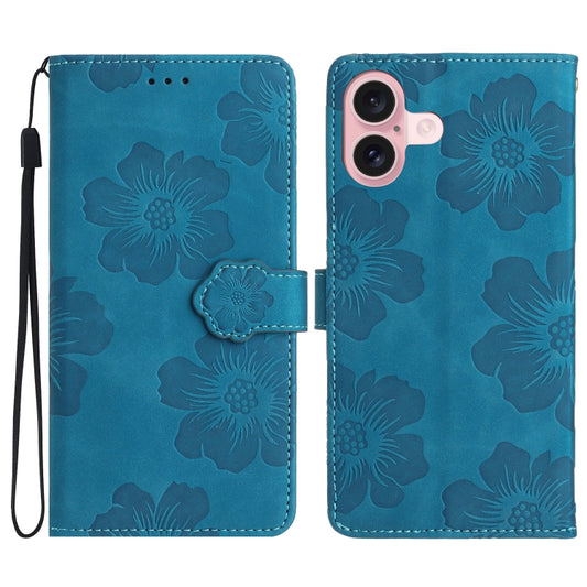 For iPhone 16 Flower Embossing Pattern Leather Phone Case(Blue) - iPhone 16 Cases by buy2fix | Online Shopping UK | buy2fix