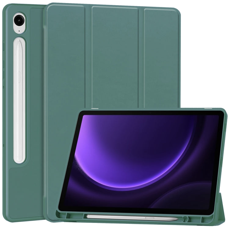 For Samsung Galaxy Tab S9 FE 3-Fold Pure Color TPU Smart Leather Tablet Case with Pen Slot(Dark Green) - Galaxy Tab S9 FE by buy2fix | Online Shopping UK | buy2fix