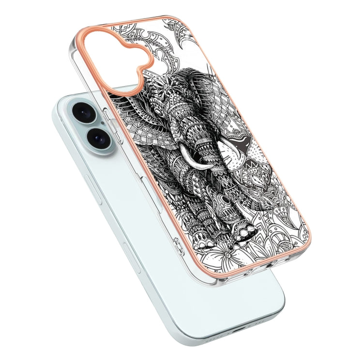 For iPhone 16 Plus Electroplating Marble Dual-side IMD Phone Case(Totem Elephant) - iPhone 16 Plus Cases by buy2fix | Online Shopping UK | buy2fix