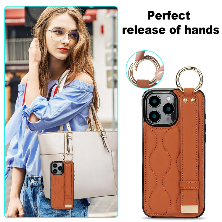 For iPhone 16 Pro Max Non-slip Full Coverage Ring PU Phone Case with Wristband(Brown) - iPhone 16 Pro Max Cases by buy2fix | Online Shopping UK | buy2fix