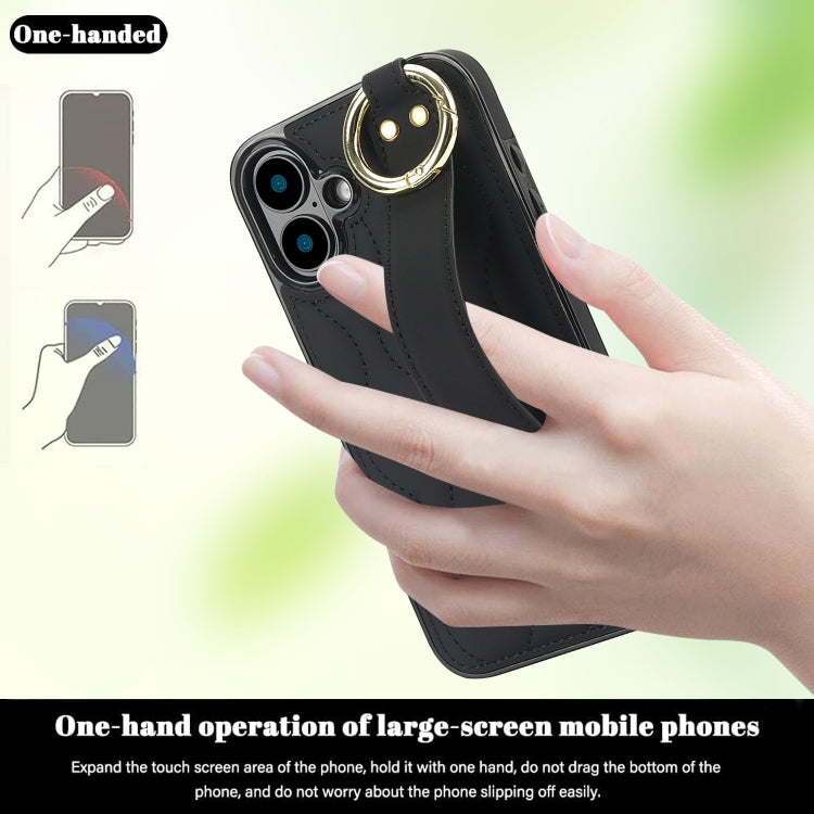 For iPhone 16 Plus Non-slip Full Coverage Ring PU Phone Case with Wristband(Black) - iPhone 16 Plus Cases by buy2fix | Online Shopping UK | buy2fix