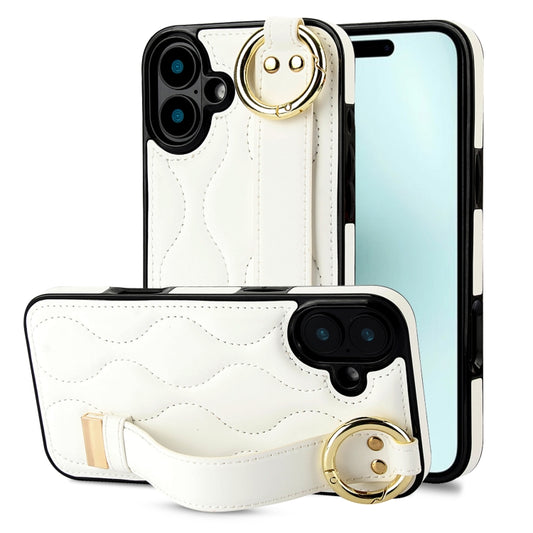 For iPhone 16 Non-slip Full Coverage Ring PU Phone Case with Wristband(White) - iPhone 16 Cases by buy2fix | Online Shopping UK | buy2fix