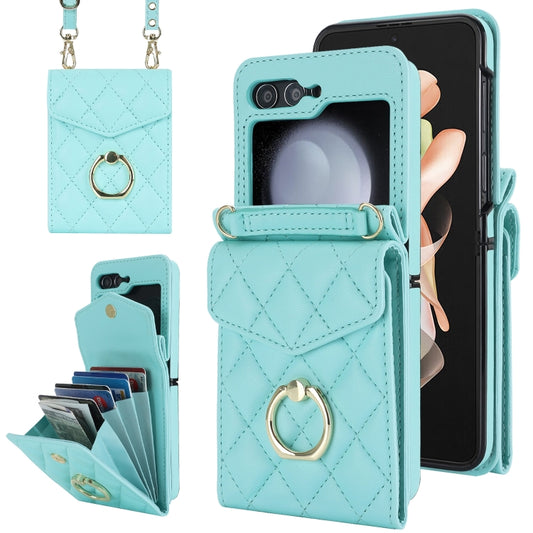 For Samsung Galaxy Z Flip6 Diamond Lattice RFID Card Slot Phone Case with Ring Holder(Green) - Galaxy Z Flip6 5G Cases by buy2fix | Online Shopping UK | buy2fix