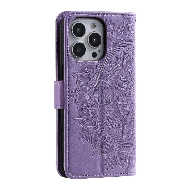 For iPhone 16 Pro Max Totem Flower Embossed Leather Phone Case(Purple) - iPhone 16 Pro Max Cases by buy2fix | Online Shopping UK | buy2fix