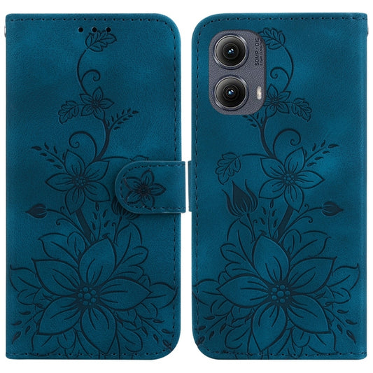 For Motorola Edge 2024 Lily Embossed Leather Phone Case(Dark Blue) - Motorola Cases by buy2fix | Online Shopping UK | buy2fix