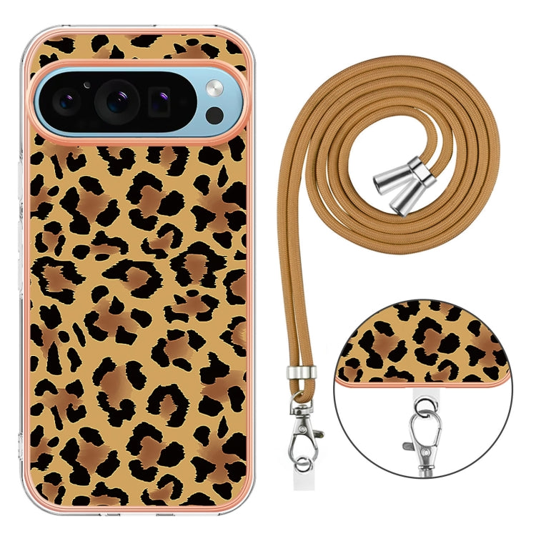 For Google Pixel 9 / 9 Pro Electroplating Dual-side IMD Phone Case with Lanyard(Leopard Print) - Google Cases by buy2fix | Online Shopping UK | buy2fix