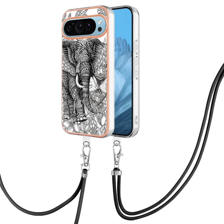 For Google Pixel 9 / 9 Pro Electroplating Dual-side IMD Phone Case with Lanyard(Totem Elephant) - Google Cases by buy2fix | Online Shopping UK | buy2fix