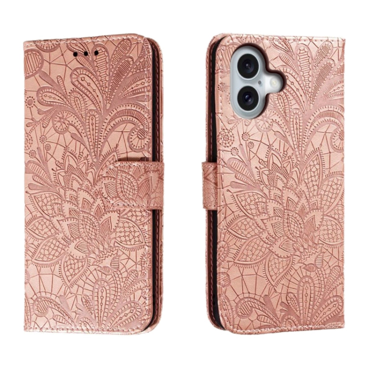 For iPhone 16 Lace Flower Embossing Flip Leather Phone Case(Rose Gold) - iPhone 16 Cases by buy2fix | Online Shopping UK | buy2fix