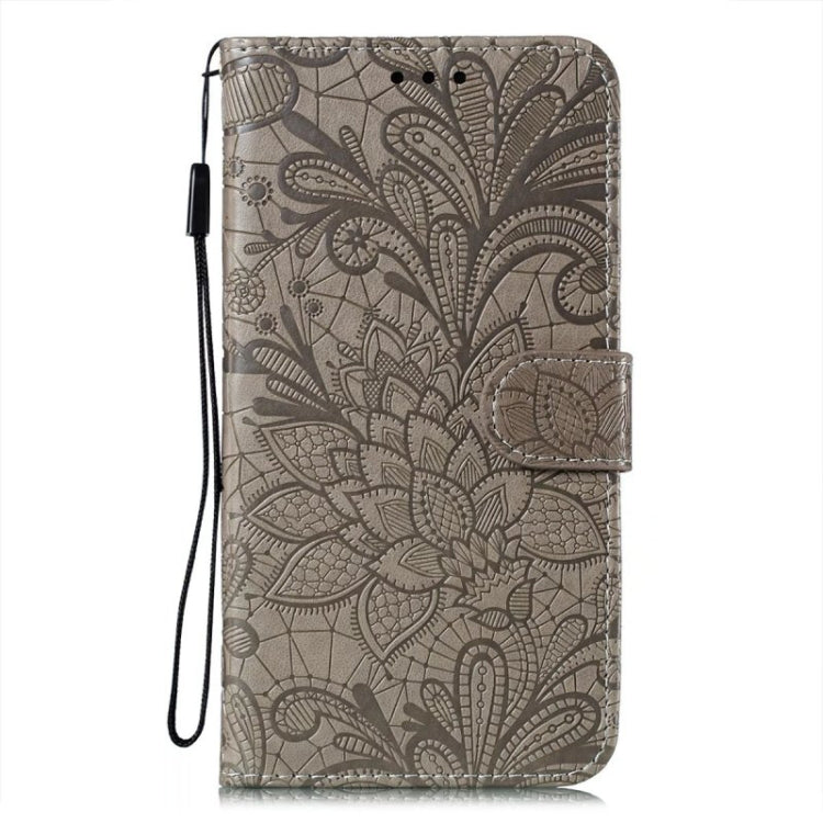 For iPhone 16 Plus Lace Flower Embossing Flip Leather Phone Case(Grey) - iPhone 16 Plus Cases by buy2fix | Online Shopping UK | buy2fix