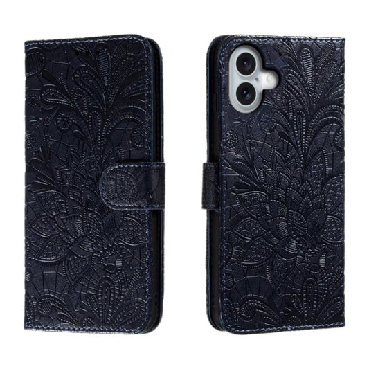 For iPhone 16 Plus Lace Flower Embossing Flip Leather Phone Case(Dark Blue) - iPhone 16 Plus Cases by buy2fix | Online Shopping UK | buy2fix