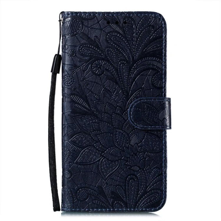 For iPhone 16 Plus Lace Flower Embossing Flip Leather Phone Case(Dark Blue) - iPhone 16 Plus Cases by buy2fix | Online Shopping UK | buy2fix