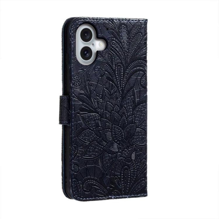 For iPhone 16 Plus Lace Flower Embossing Flip Leather Phone Case(Dark Blue) - iPhone 16 Plus Cases by buy2fix | Online Shopping UK | buy2fix