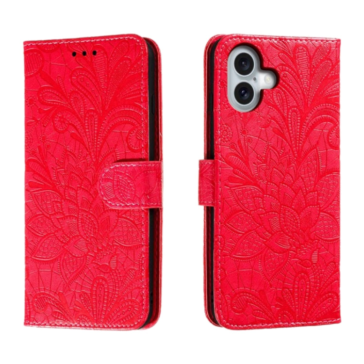 For iPhone 16 Plus Lace Flower Embossing Flip Leather Phone Case(Red) - iPhone 16 Plus Cases by buy2fix | Online Shopping UK | buy2fix