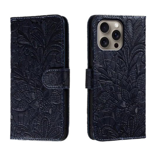 For iPhone 16 Pro Max Lace Flower Embossing Flip Leather Phone Case(Dark Blue) - iPhone 16 Pro Max Cases by buy2fix | Online Shopping UK | buy2fix