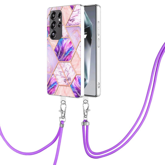 For Samsung Galaxy S25 Ultra 5G Electroplating IMD Splicing Dual-side Marble TPU Phone Case with Lanyard(Light Purple) - Galaxy S25 Ultra 5G Cases by buy2fix | Online Shopping UK | buy2fix