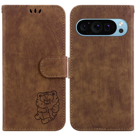 For Google Pixel 9 Pro Little Tiger Embossed Leather Phone Case(Brown) - Google Cases by buy2fix | Online Shopping UK | buy2fix