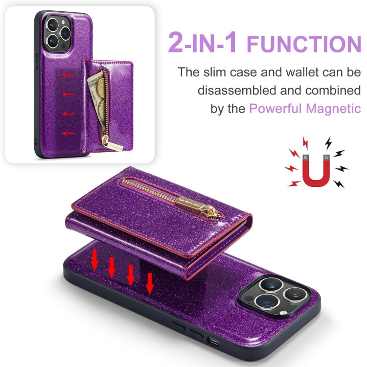 For iPhone 15 Pro Max DG.MING M3 Series Glitter Powder Card Bag Leather Phone Case(Dark Purple) - iPhone 15 Pro Max Cases by DG.MING | Online Shopping UK | buy2fix