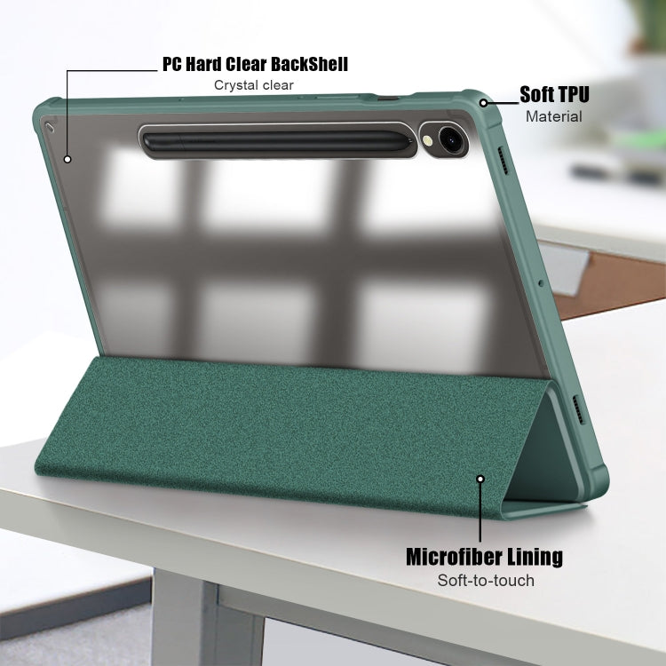 For Samsung Galaxy Tab S9 Acrylic 3-folding Smart Leather Tablet Case(Deep Green) - Galaxy Tab S9 Cases by buy2fix | Online Shopping UK | buy2fix