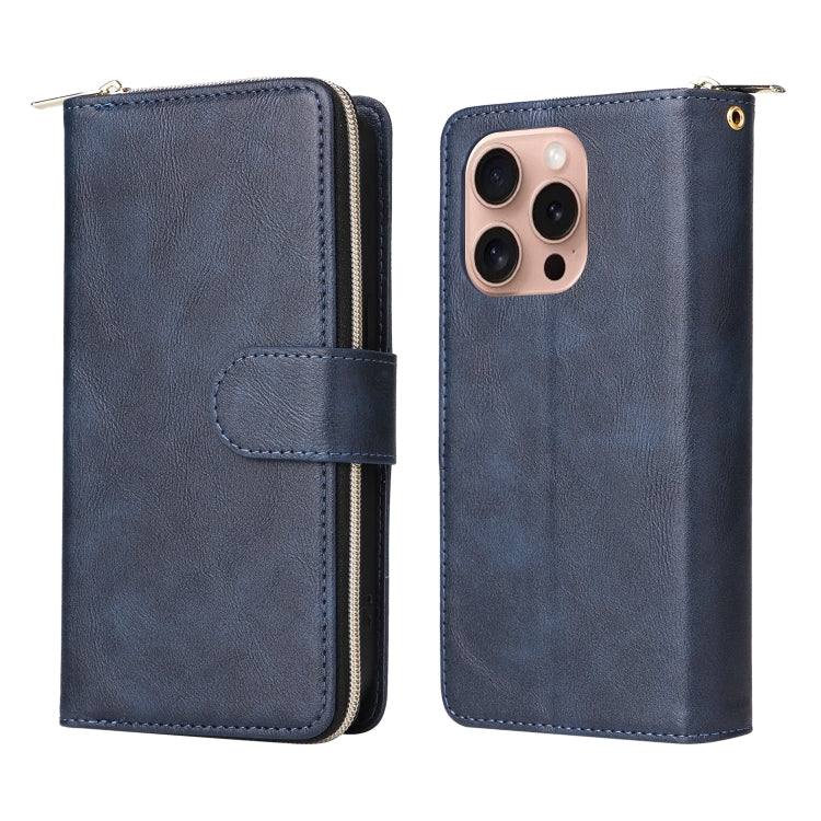 For iPhone 16 Pro 9 Card Slots Zipper Wallet Bag Leather Phone Case(Blue) - iPhone 16 Pro Cases by buy2fix | Online Shopping UK | buy2fix