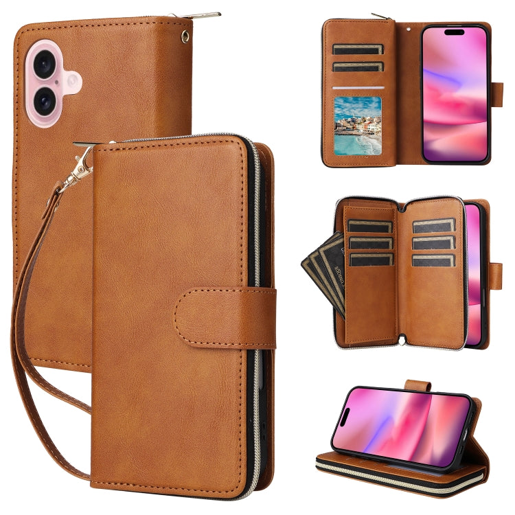 For iPhone 16 9 Card Slots Zipper Wallet Bag Leather Phone Case(Brown) - iPhone 16 Cases by buy2fix | Online Shopping UK | buy2fix