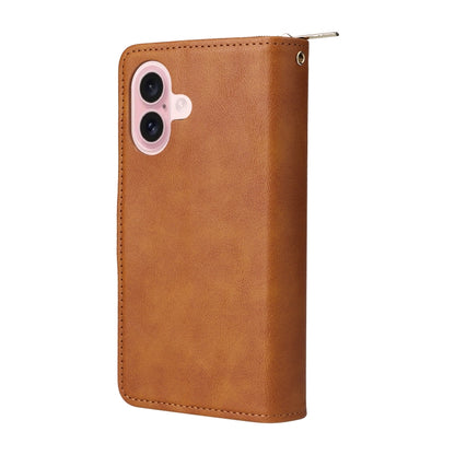 For iPhone 16 9 Card Slots Zipper Wallet Bag Leather Phone Case(Brown) - iPhone 16 Cases by buy2fix | Online Shopping UK | buy2fix