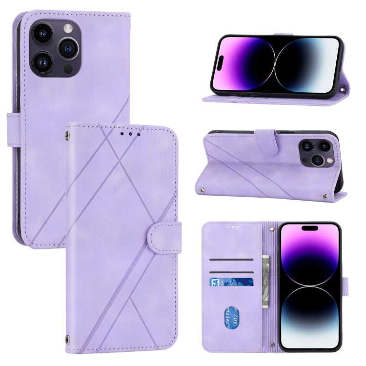 For iPhone 16 Pro Max Embossed Line Leather Phone Case with Lanyard(Purple) - iPhone 16 Pro Max Cases by buy2fix | Online Shopping UK | buy2fix