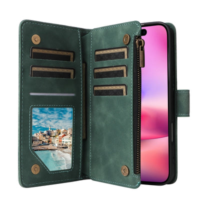 For iPhone 16 Crossbody Multi-card Slot Wallet Zipper Leather Phone Case(Green) - iPhone 16 Cases by buy2fix | Online Shopping UK | buy2fix