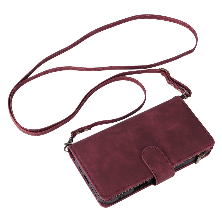 For iPhone 16 Plus Crossbody Multi-card Slot Wallet Zipper Leather Phone Case(Wine Red) - iPhone 16 Plus Cases by buy2fix | Online Shopping UK | buy2fix