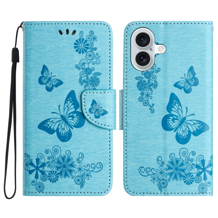 For iPhone 16 Plus Butterfly Embossed Flip Leather Phone Case(Blue) - iPhone 16 Plus Cases by buy2fix | Online Shopping UK | buy2fix