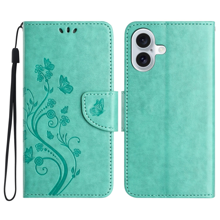 For iPhone 16 Plus Butterfly Flower Pattern Flip Leather Phone Case(Green) - iPhone 16 Plus Cases by buy2fix | Online Shopping UK | buy2fix