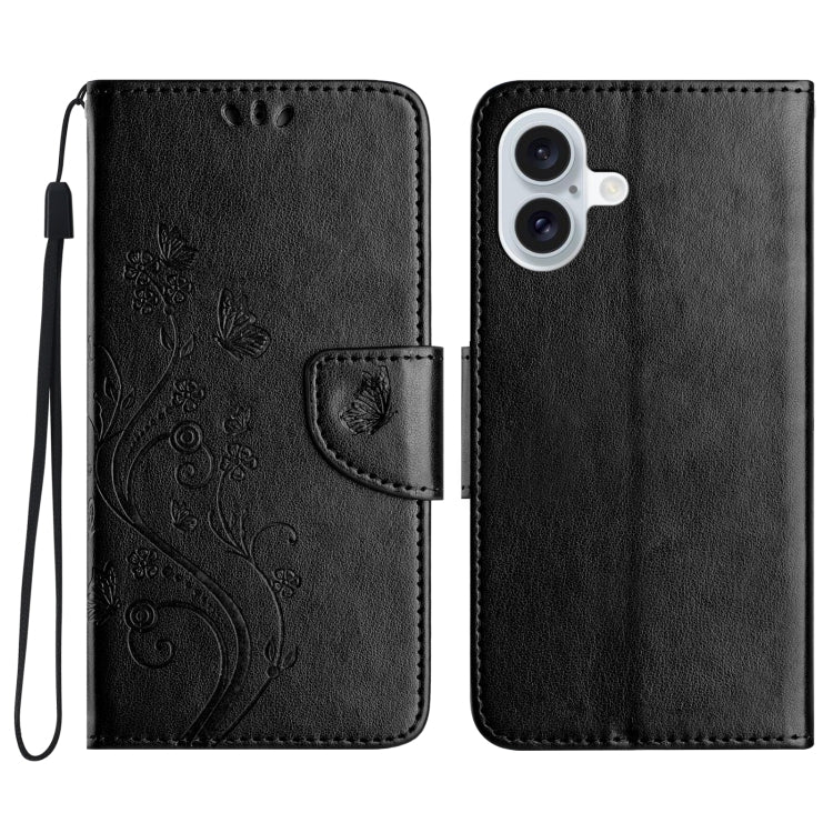 For iPhone 16 Plus Butterfly Flower Pattern Flip Leather Phone Case(Black) - iPhone 16 Plus Cases by buy2fix | Online Shopping UK | buy2fix