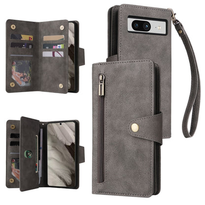 For Google Pixel 8 Rivet Buckle 9 Cards Three Fold Leather Phone Case(Grey) - Google Cases by buy2fix | Online Shopping UK | buy2fix