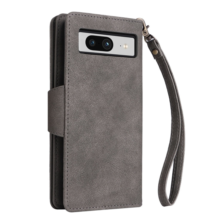 For Google Pixel 8 Rivet Buckle 9 Cards Three Fold Leather Phone Case(Grey) - Google Cases by buy2fix | Online Shopping UK | buy2fix