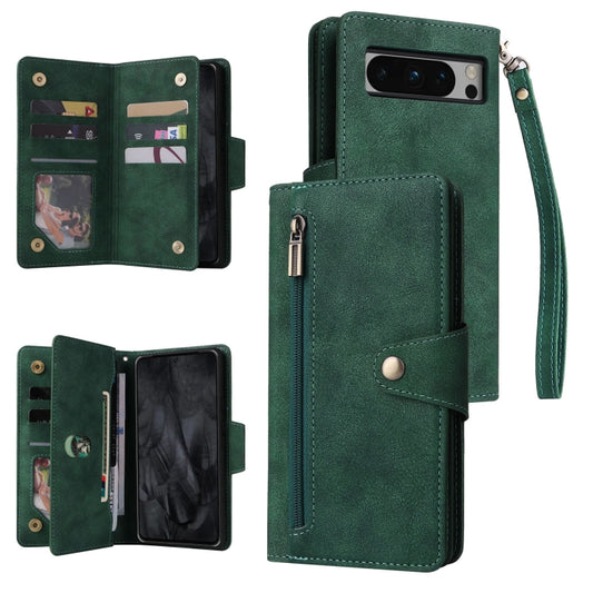 For Google Pixel 8 Pro Rivet Buckle 9 Cards Three Fold Leather Phone Case(Green) - Google Cases by buy2fix | Online Shopping UK | buy2fix