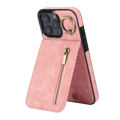 For iPhone 16 Pro Max Retro Ring and Zipper RFID Card Slot Phone Case(Pink) - iPhone 16 Pro Max Cases by buy2fix | Online Shopping UK | buy2fix