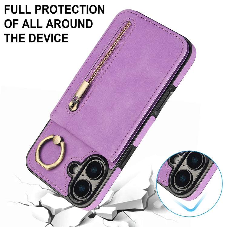 For iPhone 16 Retro Ring and Zipper RFID Card Slot Phone Case(Purple) - iPhone 16 Cases by buy2fix | Online Shopping UK | buy2fix