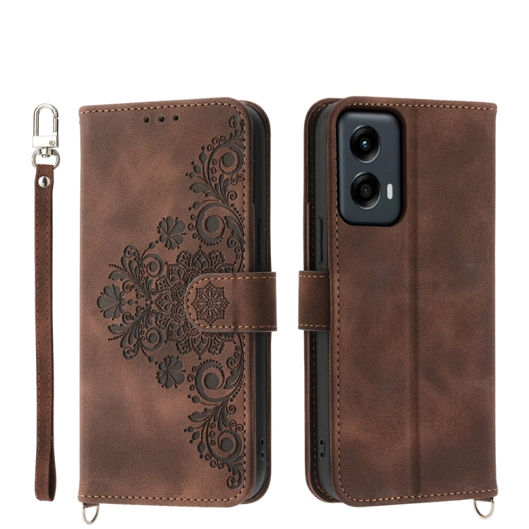 For Motorola Moto G Stylus 5G 2024 Skin-feel Flowers Embossed Wallet Leather Phone Case(Brown) - Motorola Cases by buy2fix | Online Shopping UK | buy2fix