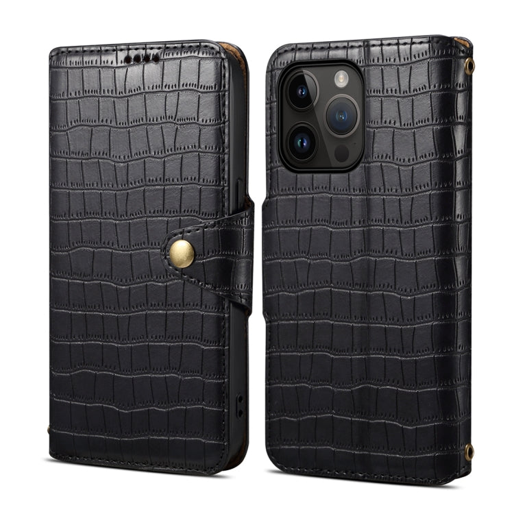 For iPhone 15 Pro Max Denior Crocodile Texture Oil Edge Leather Phone Case(Black) - iPhone 15 Pro Max Cases by Denior | Online Shopping UK | buy2fix