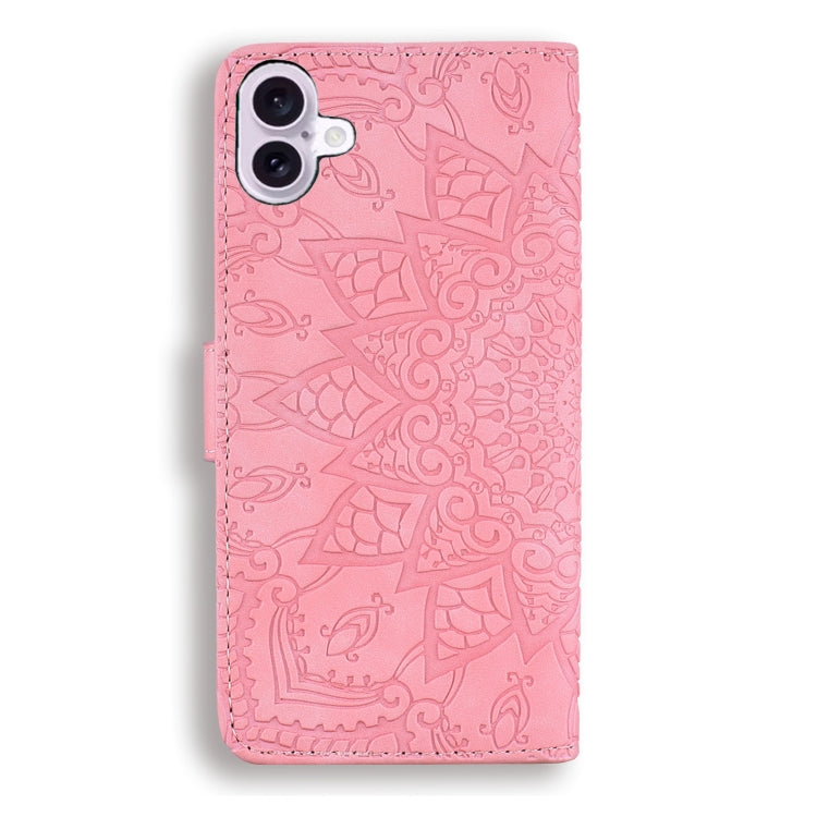 For iPhone 16 Plus Mandala Embossed Dual-Fold Calf Leather Phone Case(Pink) - iPhone 16 Plus Cases by buy2fix | Online Shopping UK | buy2fix