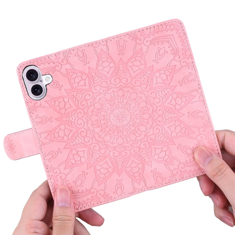 For iPhone 16 Plus Mandala Embossed Dual-Fold Calf Leather Phone Case(Pink) - iPhone 16 Plus Cases by buy2fix | Online Shopping UK | buy2fix