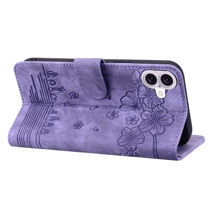 For iPhone 16 Cartoon Sakura Cat Embossed Leather Phone Case(Purple) - iPhone 16 Cases by buy2fix | Online Shopping UK | buy2fix