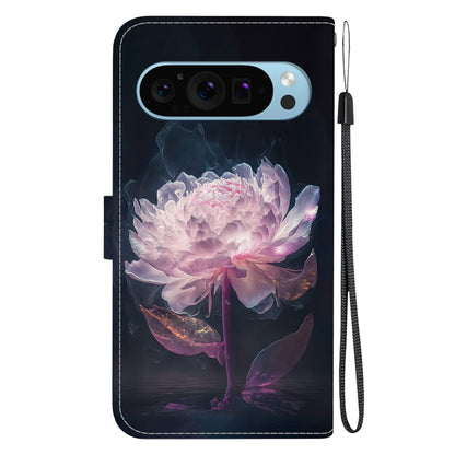 For Google Pixel 9 Pro Crystal Texture Colored Drawing Leather Phone Case(Purple Peony) - Google Cases by buy2fix | Online Shopping UK | buy2fix