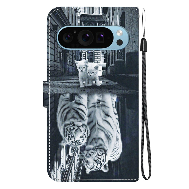 For Google Pixel 9 Pro Crystal Texture Colored Drawing Leather Phone Case(Cat Tiger Reflection) - Google Cases by buy2fix | Online Shopping UK | buy2fix