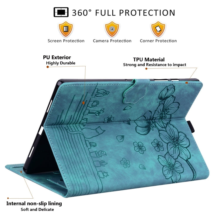 For Samsung Galaxy Tab S9 FE Cartoon Sakura Cat Embossed Leather Tablet Case(Green) - Galaxy Tab S9 FE by buy2fix | Online Shopping UK | buy2fix