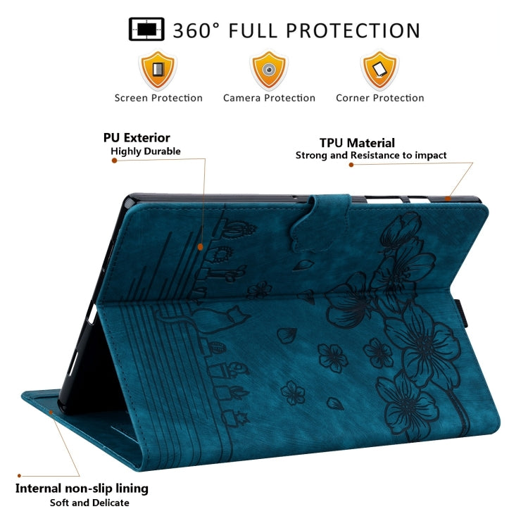 For Samsung Galaxy Tab S9 FE Cartoon Sakura Cat Embossed Leather Tablet Case(Blue) - Galaxy Tab S9 FE by buy2fix | Online Shopping UK | buy2fix